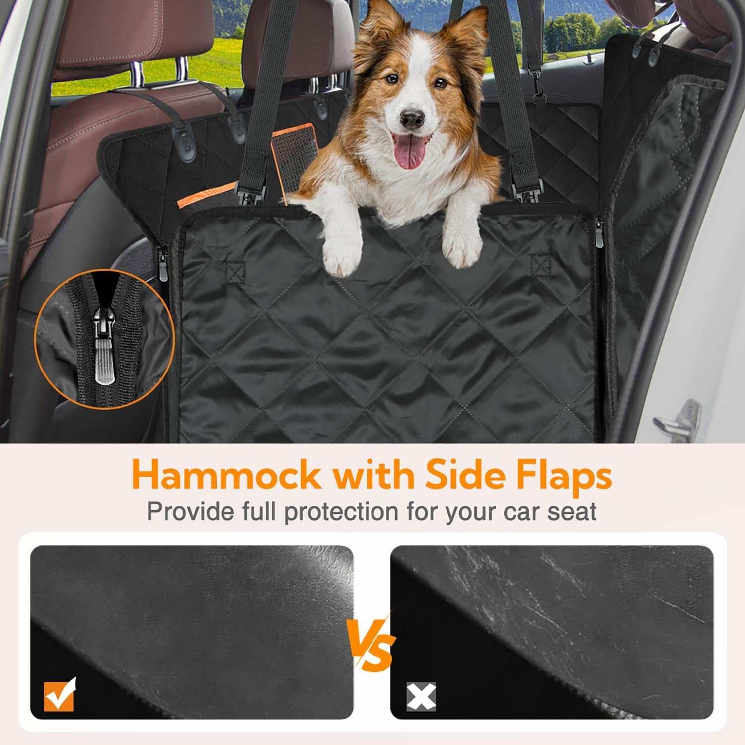 Black hammock-style dog car seat cover with side flaps and zip pocket detail