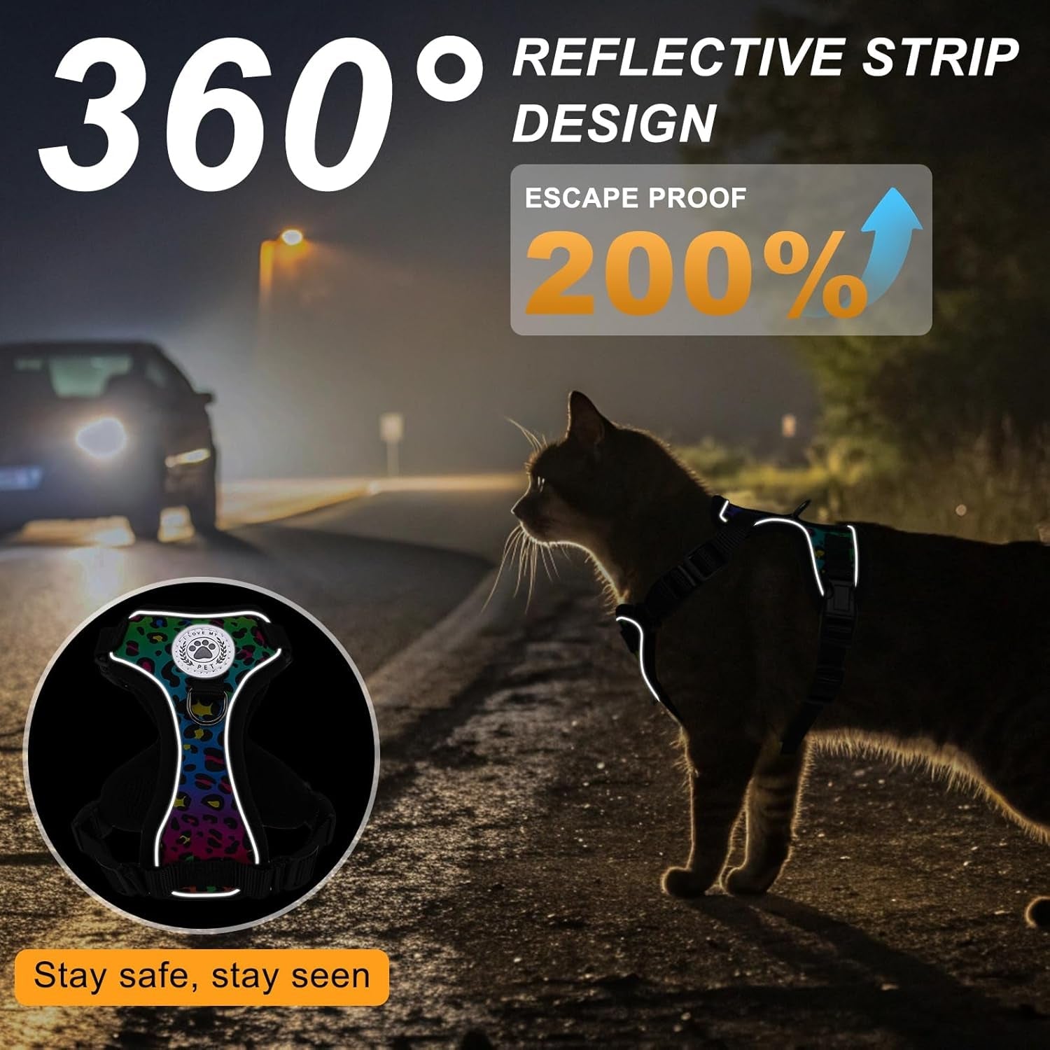Cat harness with 360 reflective strip, colorful paw print vest and adjustable straps