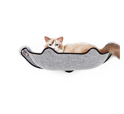 Grey window cat hammock with dark trim and suction cups, with kitten inside