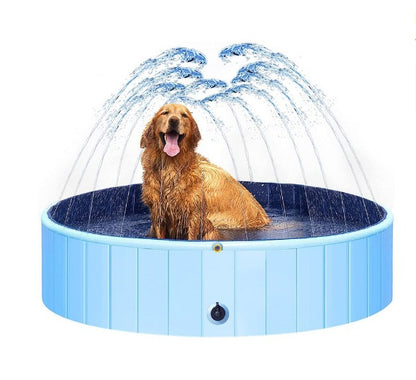 Lake Blue portable dog splash pool with a dog sitting under a water spray