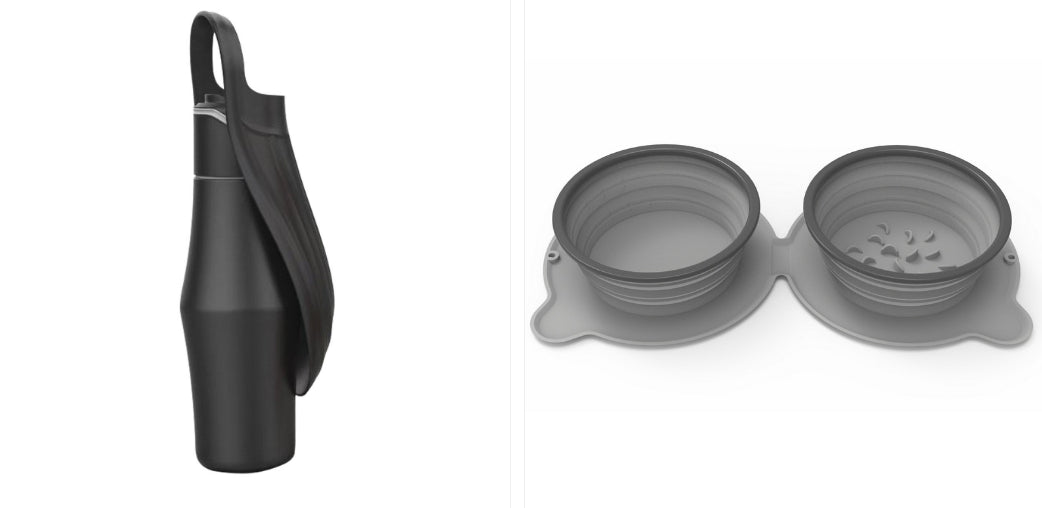 Portable pet dog water bottle set with soft silicone leaf bowls, black and gray