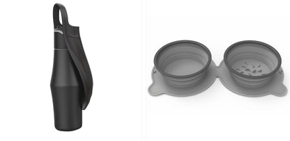 Portable pet dog water bottle set with soft silicone leaf bowls, black and gray