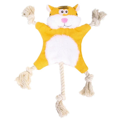Cute tiger plush dog toy with rope tassels for interactive play and chewing