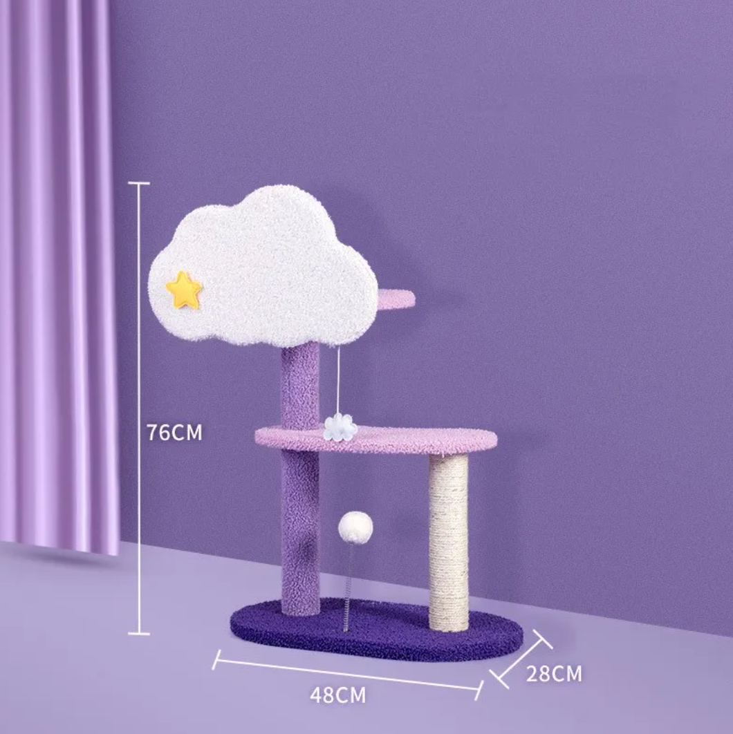 Cat scratching platform with purple posts, cream base, and cloud-shaped top perch with dangling ball