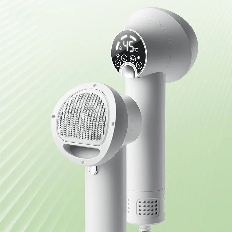 White and gray pet hair dryer with round blowing comb nozzle and temperature display