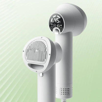 White and gray pet hair dryer with round blowing comb nozzle and temperature display