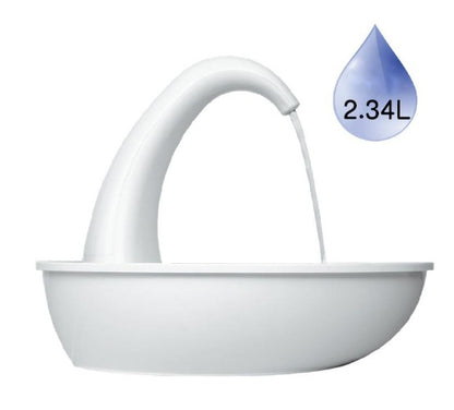 White automatic pet water dispenser bowl with curved spout, side view