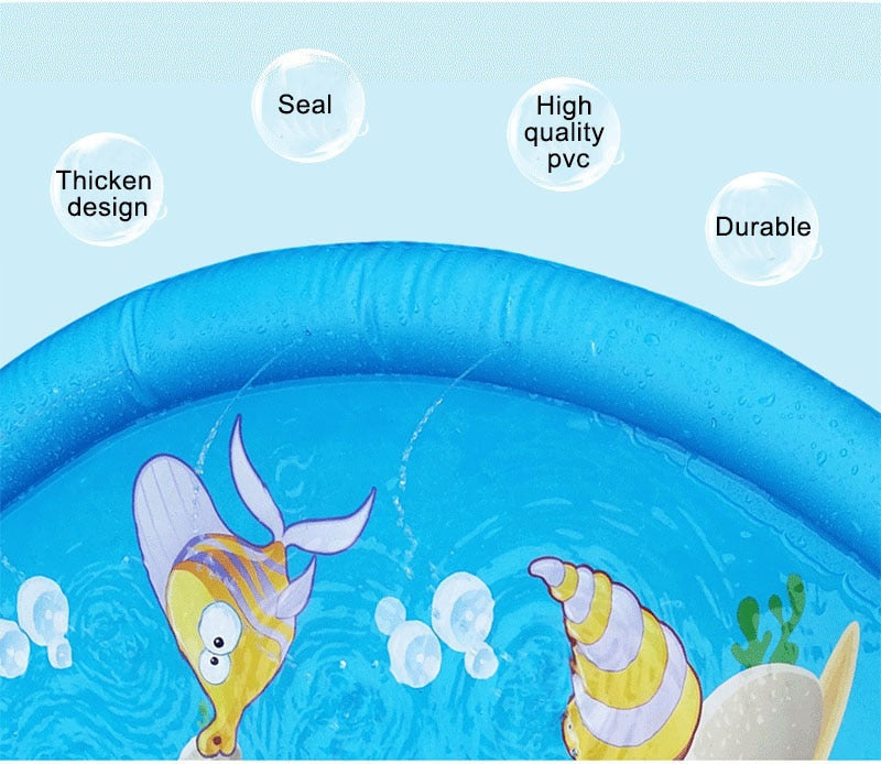 Blue pet sprinkler pad pool with cartoon sea animal graphics and water bubbles