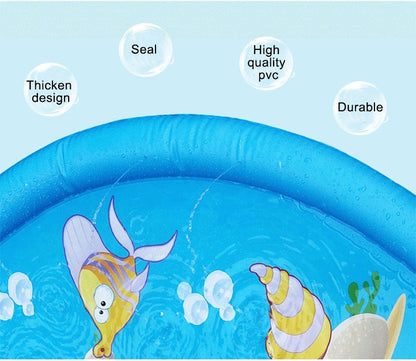 Blue pet sprinkler pad pool with cartoon sea animal graphics and water bubbles