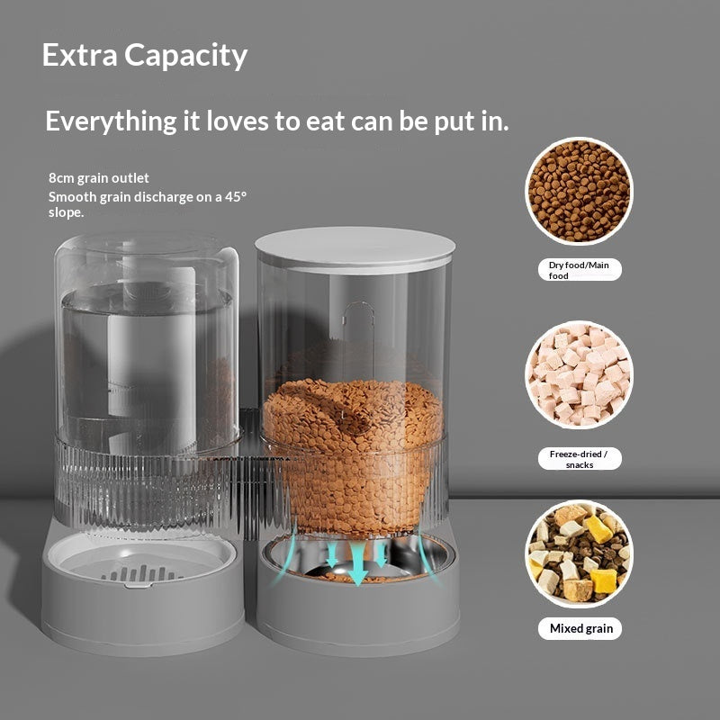 Automatic pet water and food dispenser with clear water container and food hopper, gray base