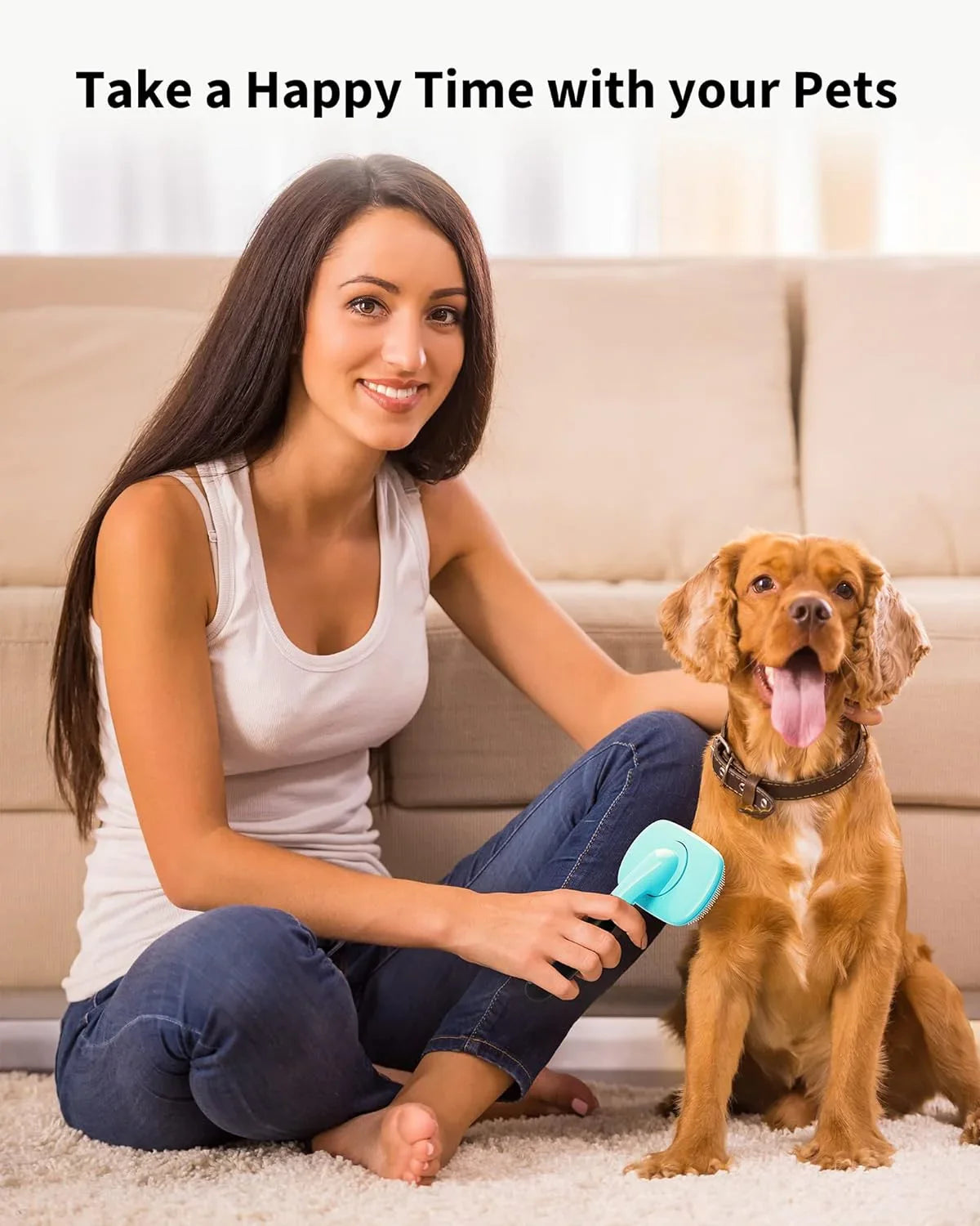 Blue pet grooming brush with black handle in use on a dog