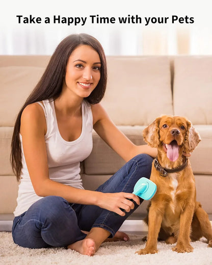 Blue pet grooming brush with black handle in use on a dog