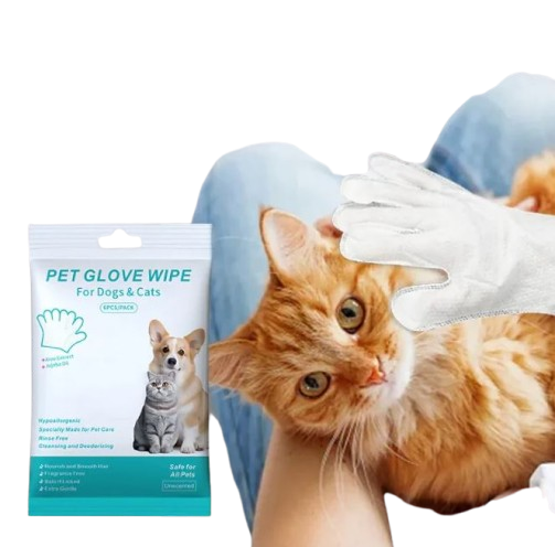 Pet glove wipe mitts held over a cat and dog, with small pack