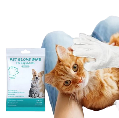 Pet glove wipe mitts held over a cat and dog, with small pack