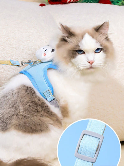 Blue pet harness with buckle strap and D-ring detail, worn on a cat