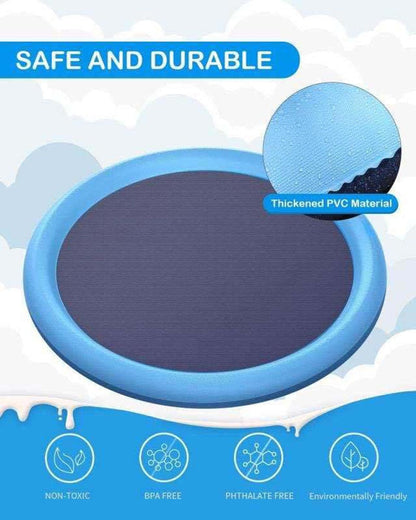 Round pet cooling sprinkler pad with blue rim and dark base mat