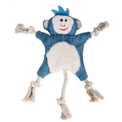 Blue monkey dog toy with rope limbs for chewing and tugging, ideal for pets