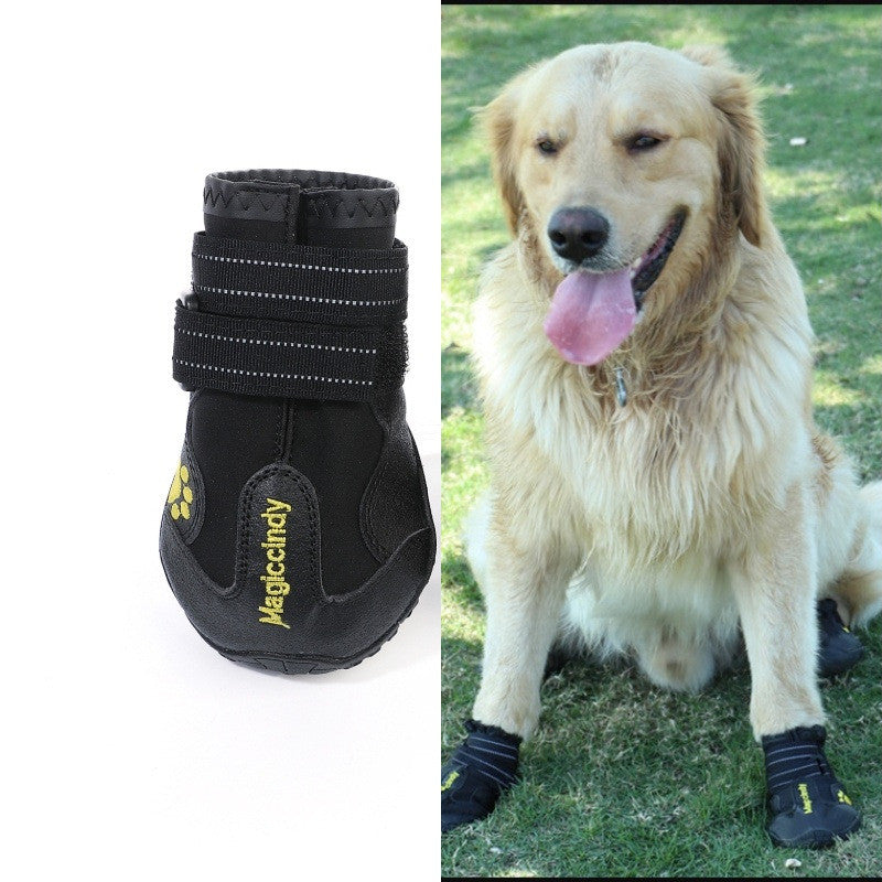 Black waterproof pet dog boots with paw-print logos and hook-and-loop straps