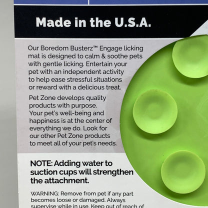 Made in the U.S.A. panel on Pet Zone Engage slow feeder licking mat packaging