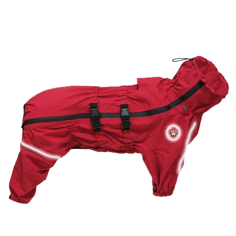 Waterproof red four-legged dog raincoat with front buckles and reflective paw logo