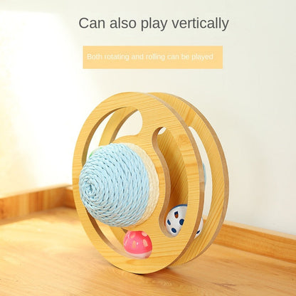 Blue sisal ball cat scratcher with wooden wheel track and three colorful toy balls