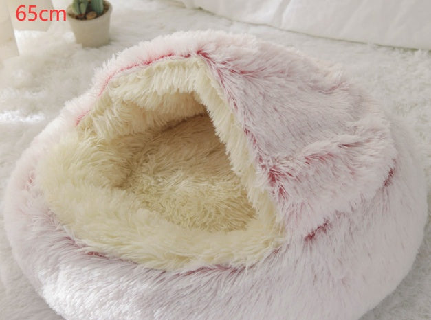 Plush pet bed for cats and dogs, 65cm, pink-and-cream plush cave with wide opening