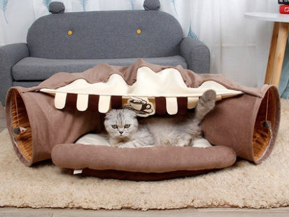 Collapsible cat tunnel play bed in brown with striped fabric panel and round entrances