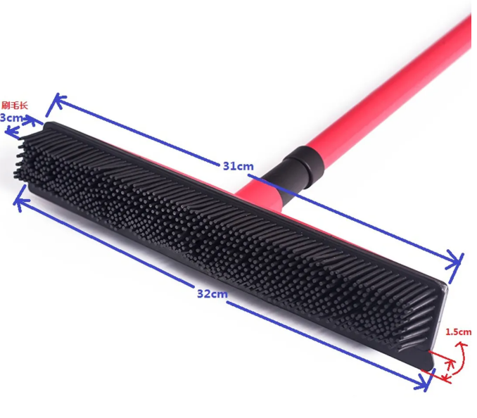 Pet hair removal broom mop head with black rubber bristles on a red pole