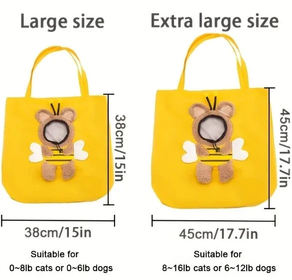 Yellow pet carrier tote bags in large & extra large sizes for cats or small dogs, with plush bee design