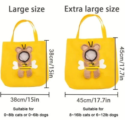 Yellow pet carrier tote bags in large & extra large sizes for cats or small dogs, with plush bee design