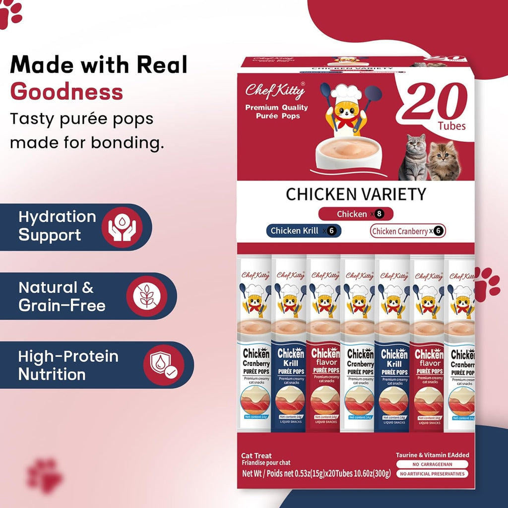 Chicken variety lickable cat puree pop tubes, 20-count carton with key nutrition badges