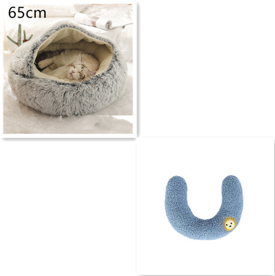 Grey plush pet bed for cats and dogs, 65cm round with plush rim and inner nest