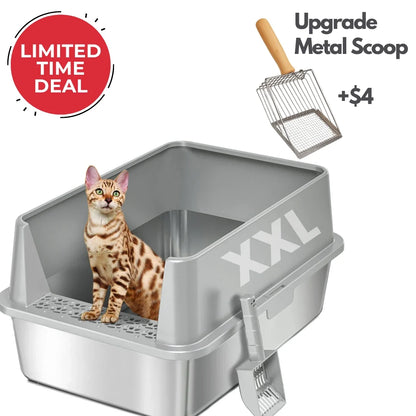 Gray plastic XXL cat litter box with steel base and front access opening