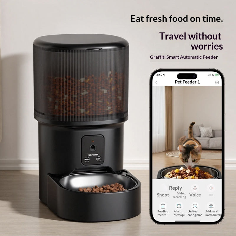 Black smart pet feeder with wide hopper and open feeding tray