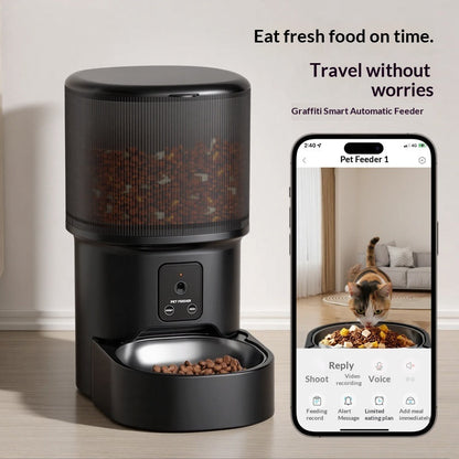 Black smart pet feeder with wide hopper and open feeding tray