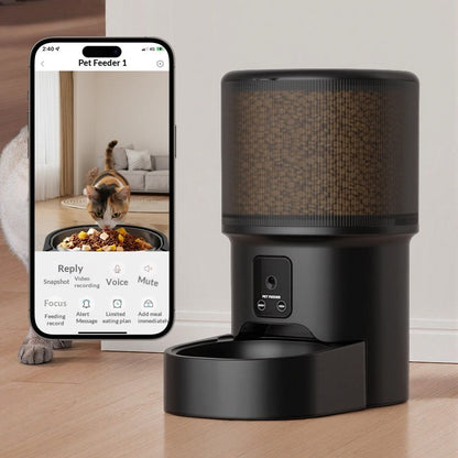 Black smart pet feeder with open tray and front control panel