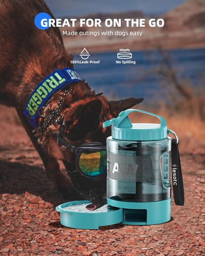 Teal dog travel water bottle with leak-proof drinking bowl and carry strap