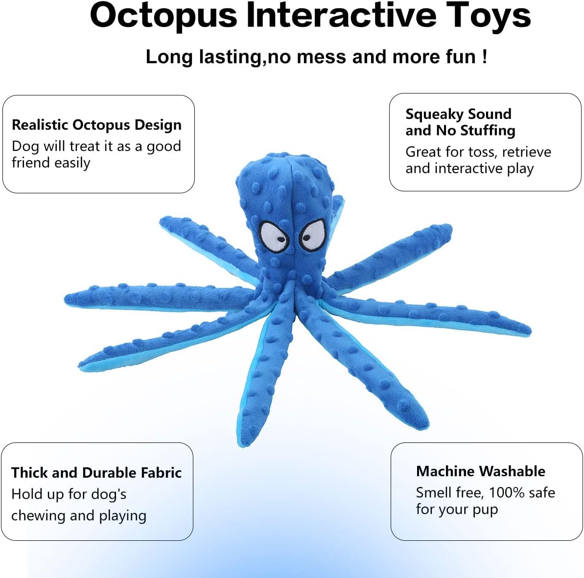 Blue octopus squeaky plush dog toy with spread tentacles and textured body