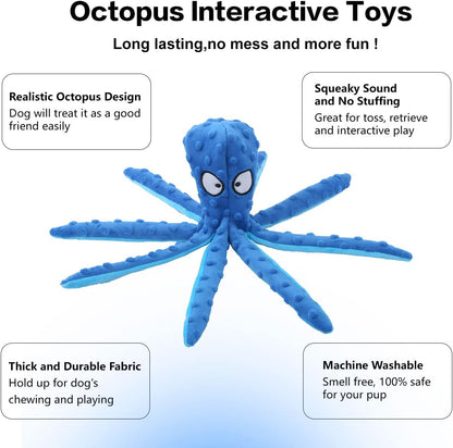 Blue octopus squeaky plush dog toy with spread tentacles and textured body