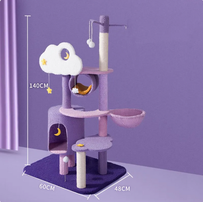Cat activity tower with lavender frame, purple base, moon tunnel, and hanging cloud head toy
