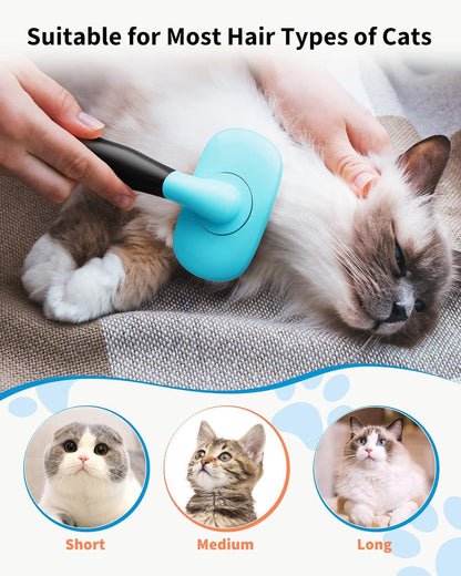 Blue grooming brush with black handle and rubber bristles for cat shedding