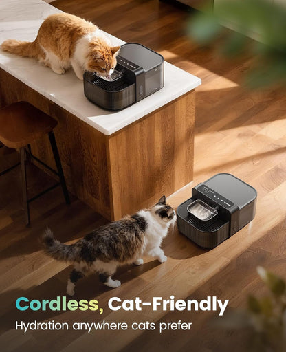 Black cordless cat water fountain with stainless-steel bowl on a tabletop