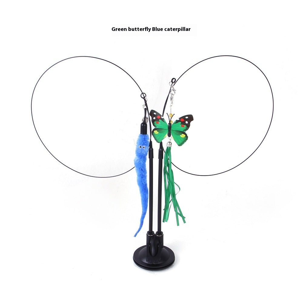 Cat suction teaser toy with green butterfly, blue caterpillar plush, double wand poles