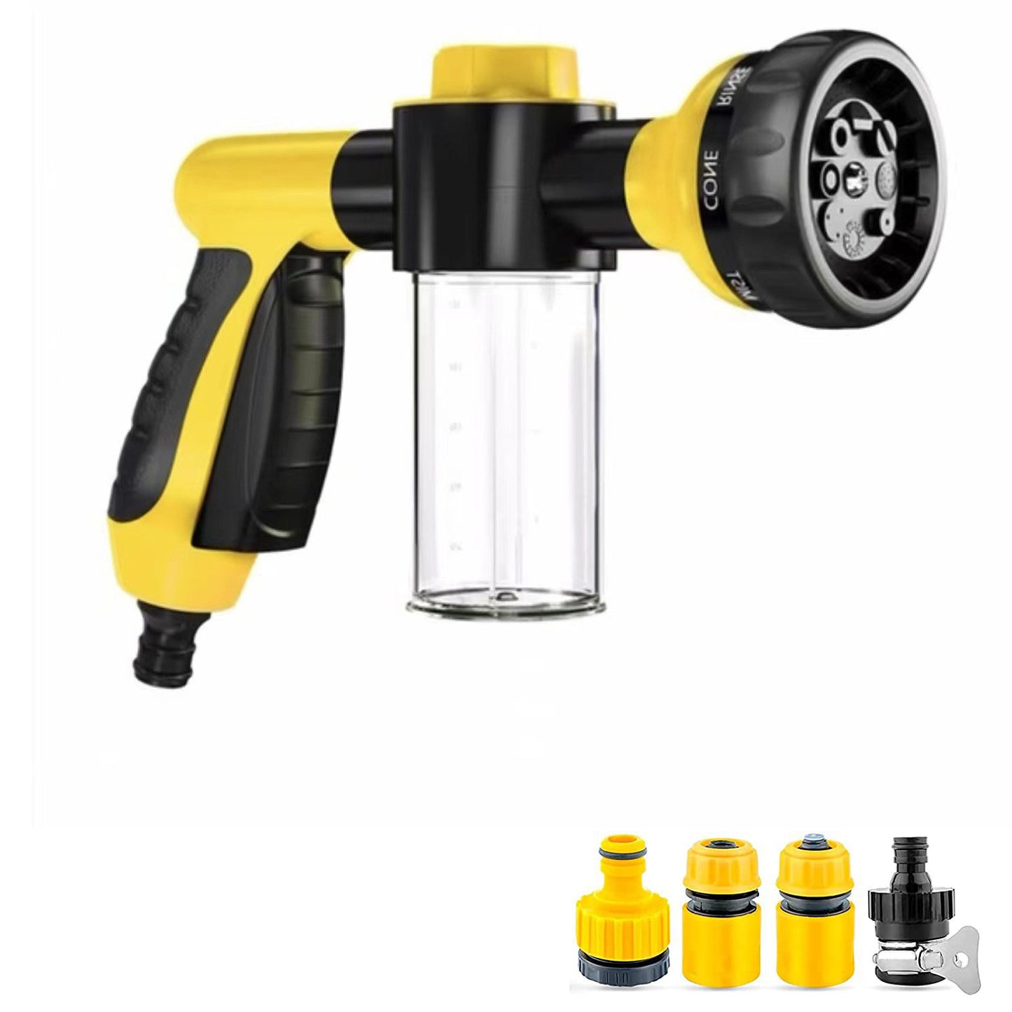 Yellow dog wash hose attachment with clear shampoo dispenser and black spray head