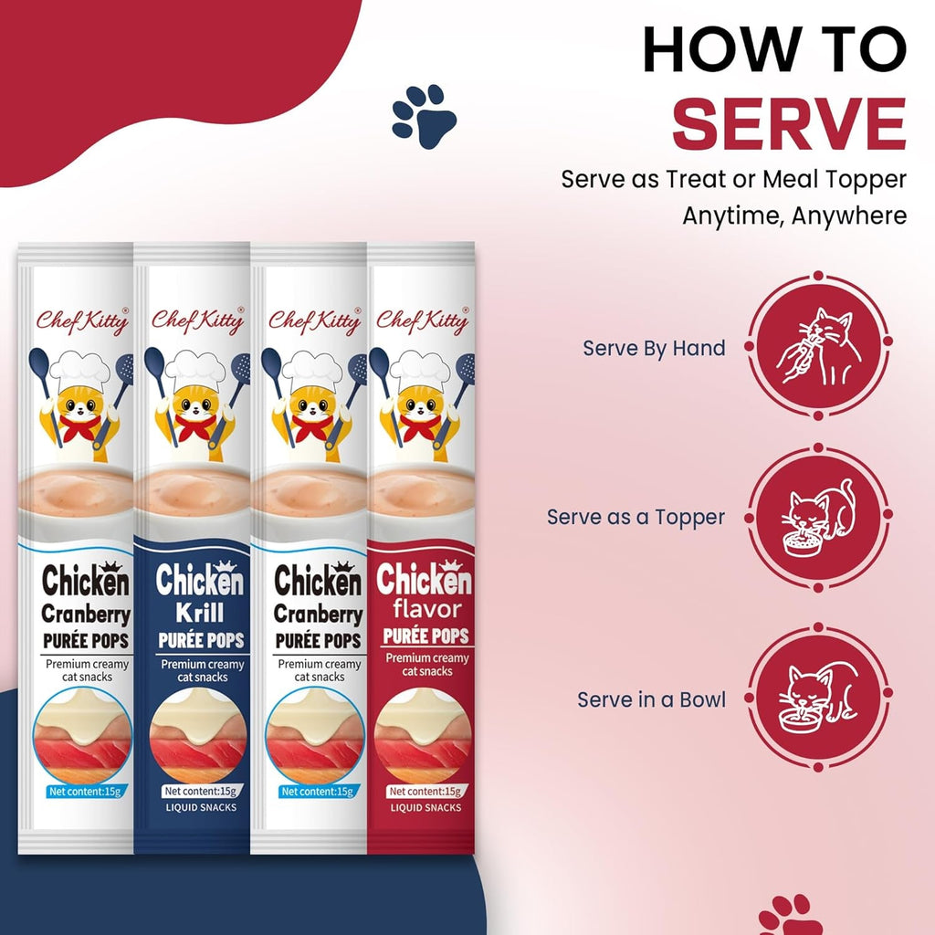 Chicken puree treat tube pack with serving instructions icons for hand or bowl
