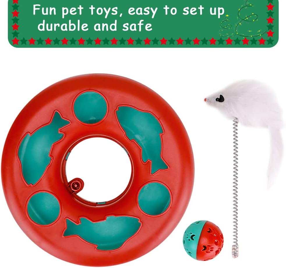Red cat toy top with teal tunnels, white spring mouse, and small cat ball