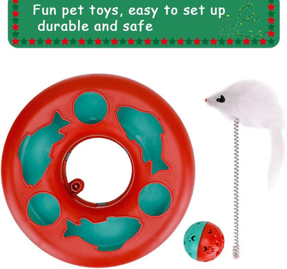 Red cat toy top with teal tunnels, white spring mouse, and small cat ball