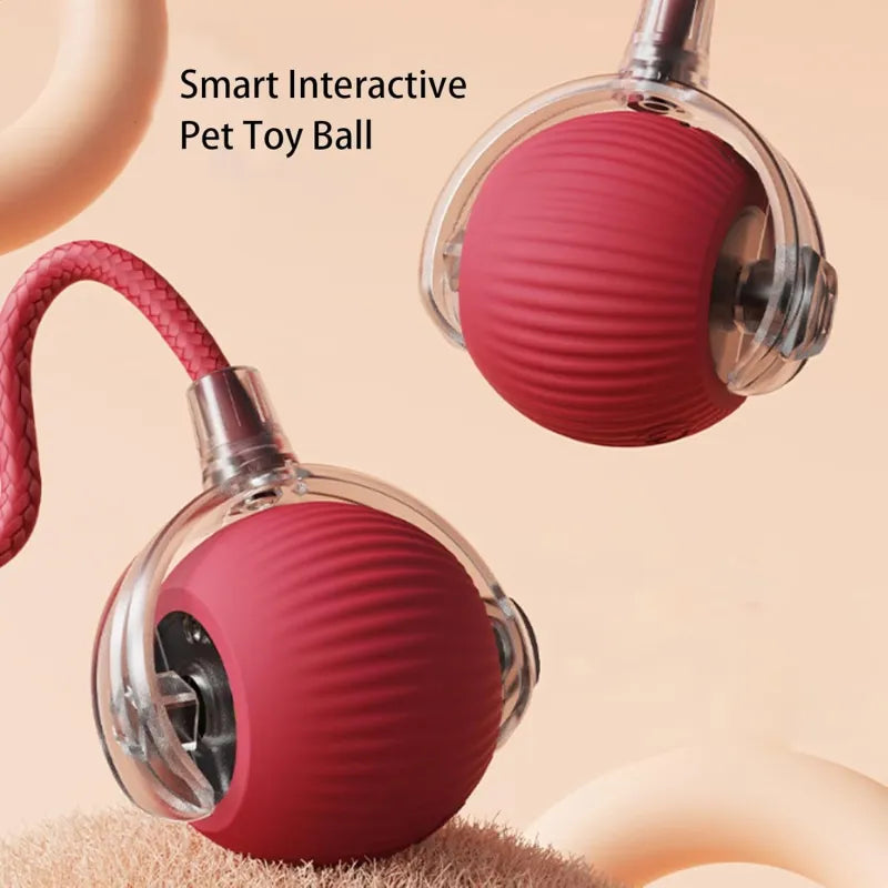 Red smart interactive pet ball toy with two clear launcher heads