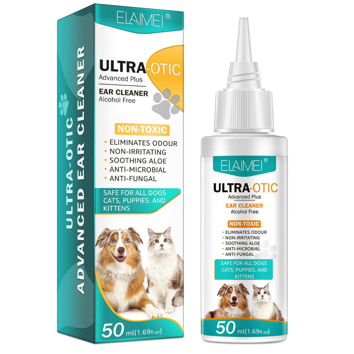 Front view: ELAIMEI pet ear cleaner 50 ml bottle and Ultra-Otic product box