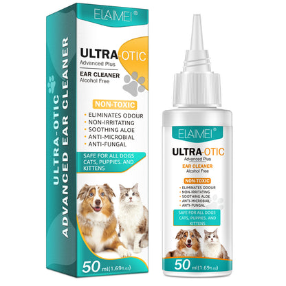 Front view: ELAIMEI pet ear cleaner 50 ml bottle and Ultra-Otic product box